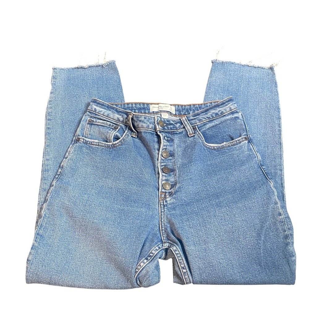 Abercrombie & Fitch Curve Love High Rise Mom Jeans Blue Button Fly Raw Hem 27 4R